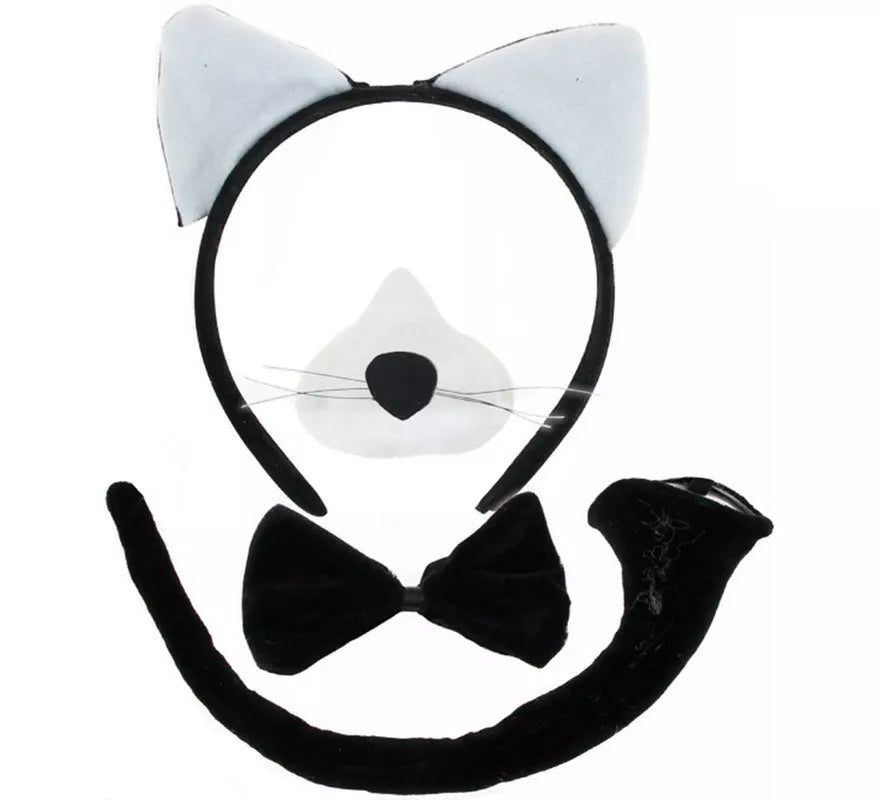 Translation missing: pt-PT.Kit de Gato blanco y negro: Diadema, Nariz, Pajarita y Cola