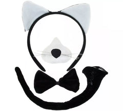 Kit Gato Preto e Branco: Tiara, Nariz, Laço e Rabo