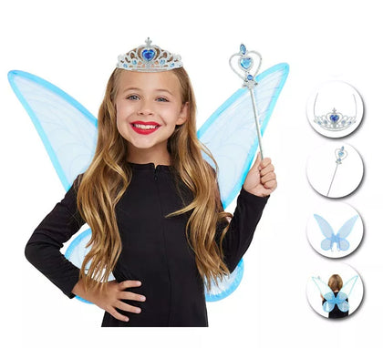 Kit de Hada Organza azul infantil: Diadema, Varita y Alas