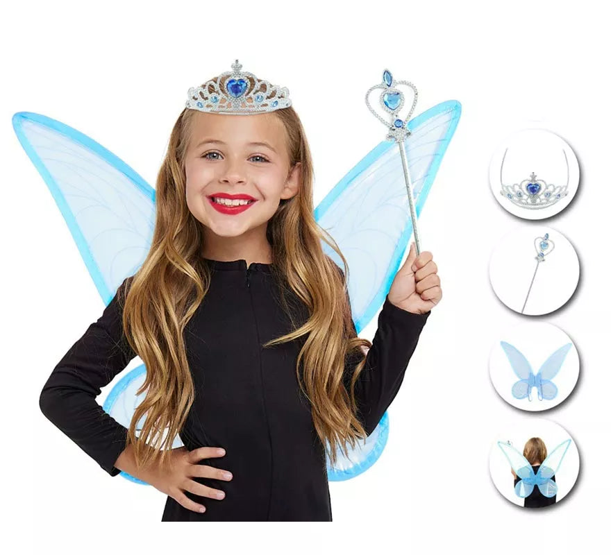 Translation missing: pt-PT.Kit de Hada Organza azul infantil: Diadema, Varita y Alas
