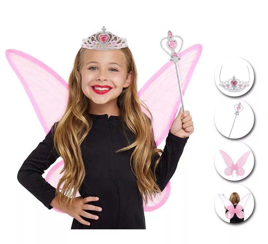 Translation missing: pt-PT.Kit de Hada Organza rosa infantil: Diadema, Varita y Alas