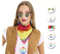 Kit Hippie Adulto: Óculos, Lenço e Colar em várias cores