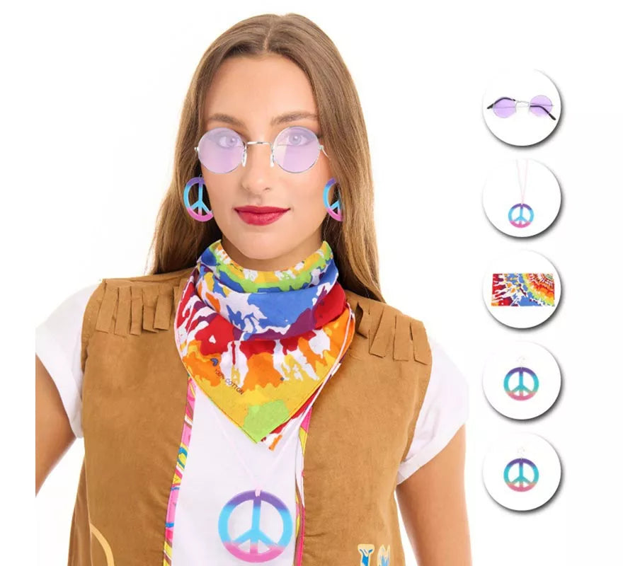 Kit de Hippie adulto: Gafas, Pendieañuelo y Collar en varios colores