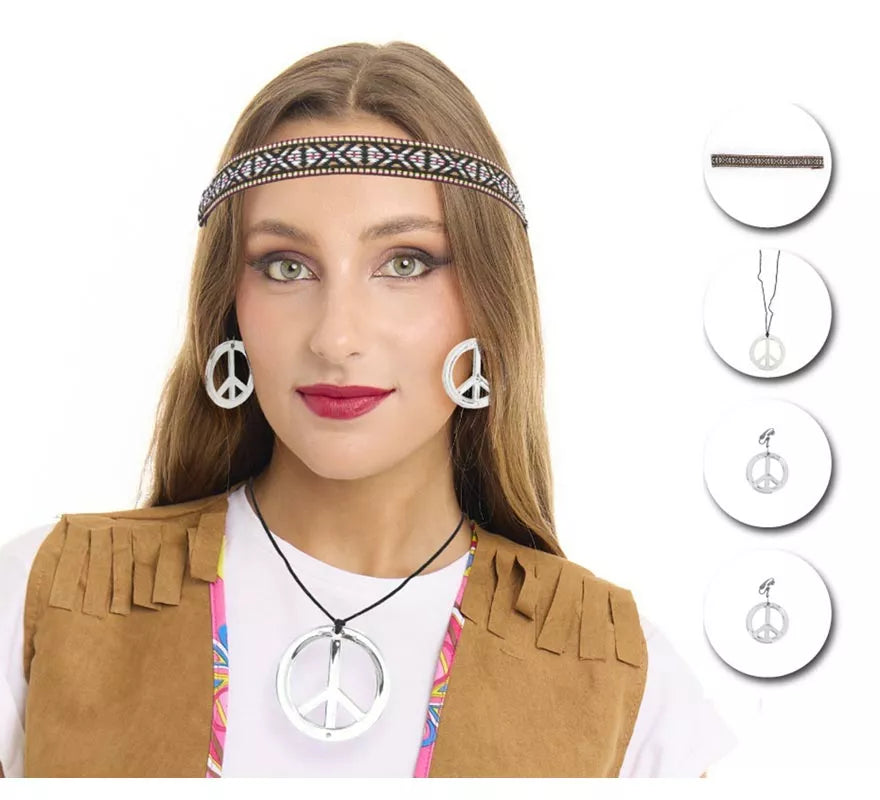 Translation missing: pt-PT.Kit de Hippie plateado adulto: Collar, Pendientes y Cinta