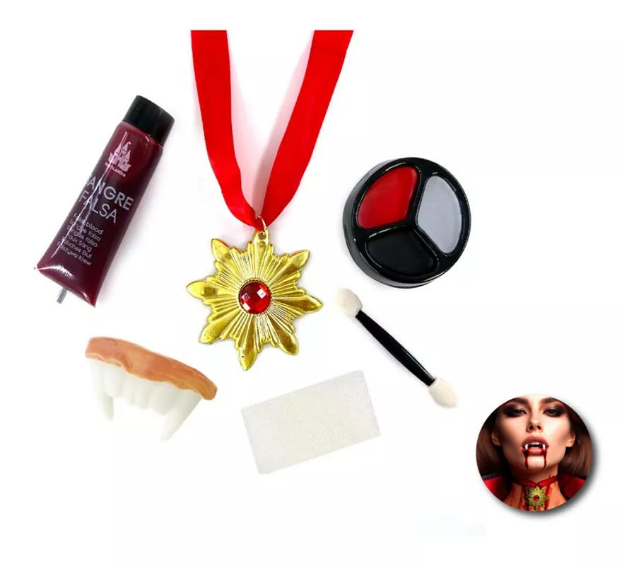 Translation missing: pt-PT.Kit de Maquillaje Vampiro: Paleta, collar, tubo de sangre, dentadura, esponja y brocha