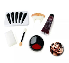 Kit Maquiagem Vampiro: Unhas, dentadura, tubo de sangue, esponja, pincel e paleta