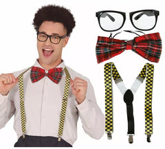 Kit Nerd para estudante adulto: óculos, gravata borboleta e suspensórios