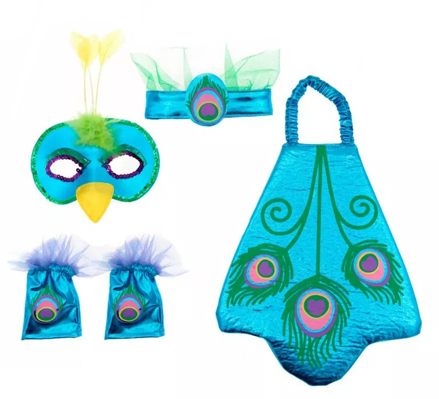 Translation missing: pt-PT.Kit de Pavo Real azul infantil: Antifaz, Cinta, Muñequeras y Alas