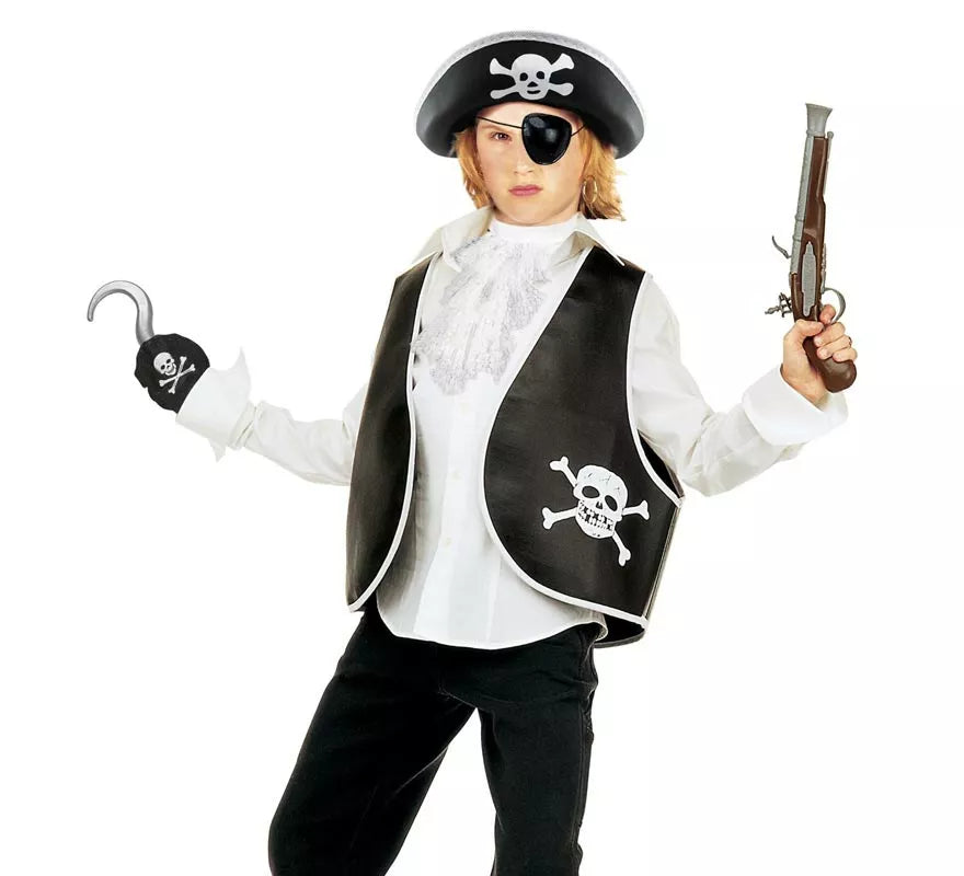 Translation missing: pt-PT.Kit de Pirata Calavera infantil: Chaleco, Sombrero, Parche, Pendiente y Gancho