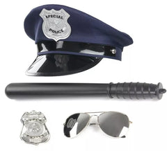 Kit policial azul: boné, óculos, bastão e distintivo