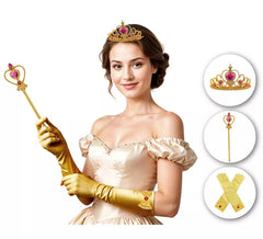 Kit Princesa Dourada Adulto: Luvas, Coroa e Cetro