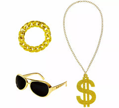 Kit Rapper ou Sheik Árabe: Óculos, Colar de Dólar e Pulseira