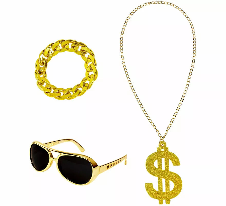 Kit de Rapero o Jeque Árabe: Gafas, Collar de Dólar y Pulsera