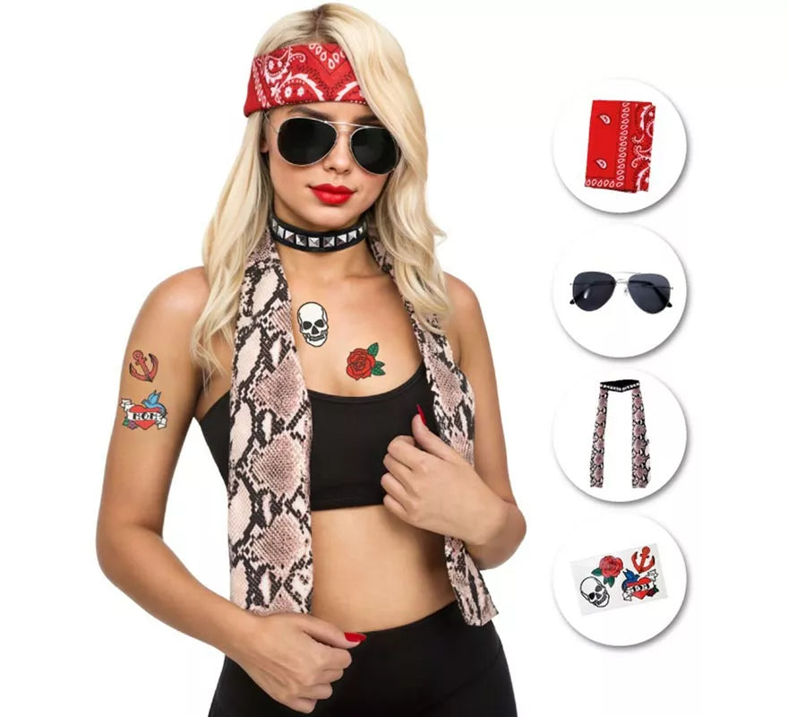 Translation missing: pt-PT.Kit de Rockero Años 80: Pañuelo, Gafas, Collar y Tatuajes