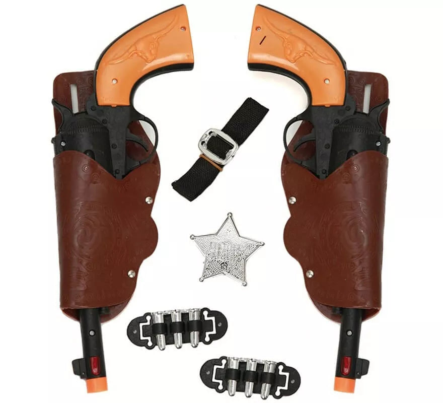 Translation missing: pt-PT.Kit de Sheriff: 2 Pistolas negras, Cartucheras, Cinturón, Balas y Estrella