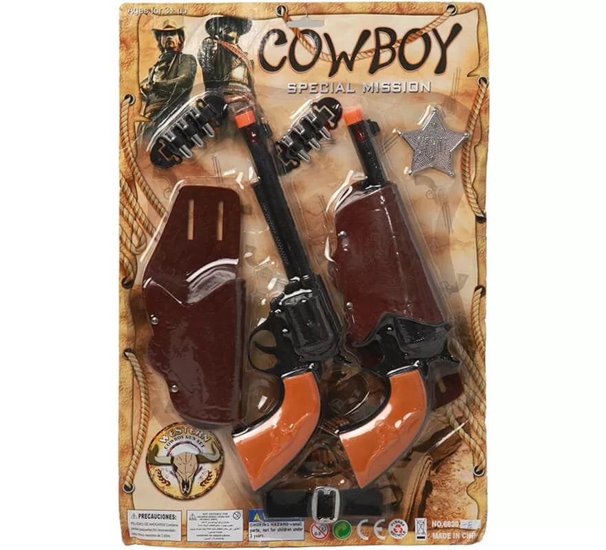 Translation missing: pt-PT.Kit de Sheriff: 2 Pistolas negras, Cartucheras, Cinturón, Balas y Estrella