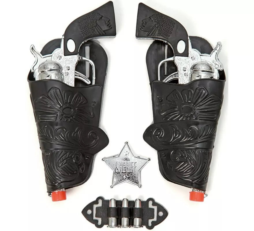 Translation missing: pt-PT.Kit de Sheriff: 2 Pistolas plateadas, Cartucheras, Balas y Estrella