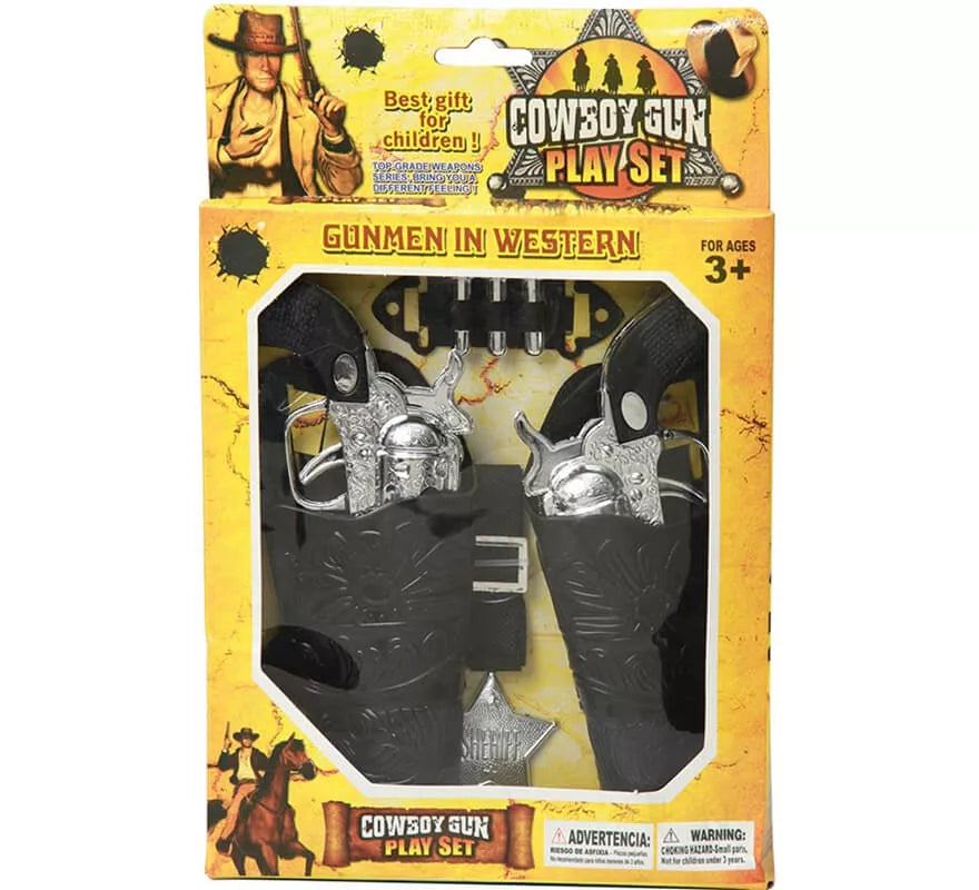 Translation missing: pt-PT.Kit de Sheriff: 2 Pistolas plateadas, Cartucheras, Balas y Estrella