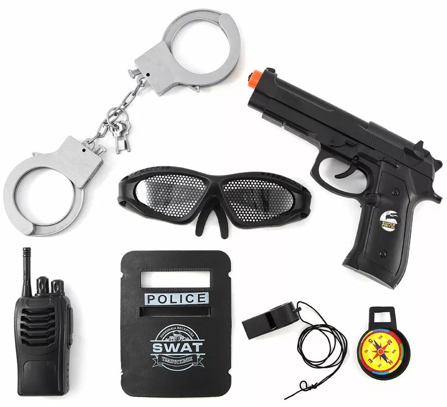 Translation missing: pt-PT.Kit de SWAT: Esposas, Placa, Silbato, Walkie, Gafas, Brújula y Pistola de plástico
