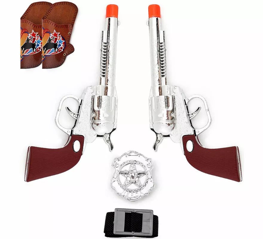 Translation missing: pt-PT.Kit de Vaquero: Placa y 2 Revolver con Funda de 9x18 cm de plástico