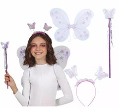 Kit de Fada Borboleta Lilás: Fita de cabeça, Bastão e Asas 35x40 cm