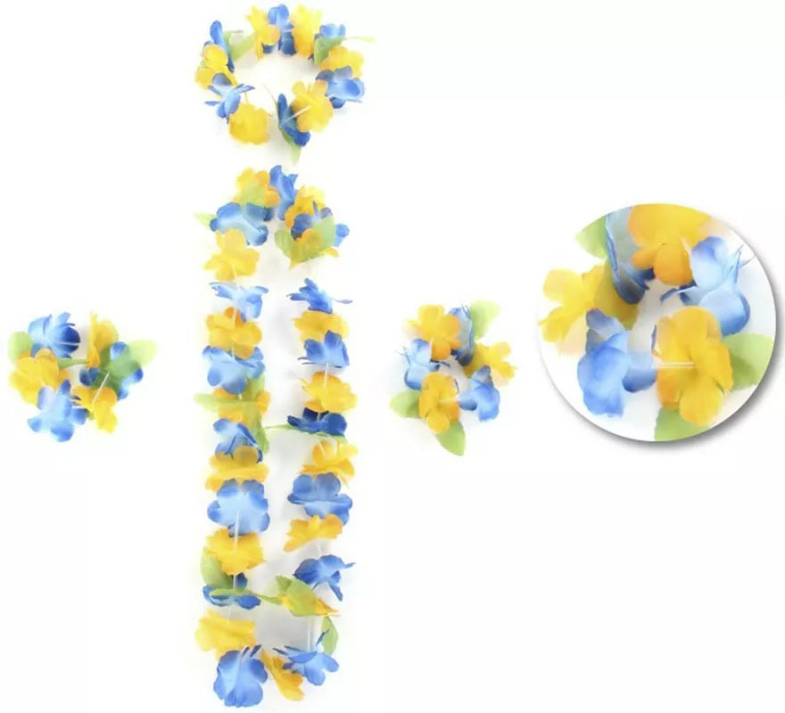 Translation missing: pt-PT.Kit Hawái Amarillo y Azul: Collar, Pulseras y Tocado