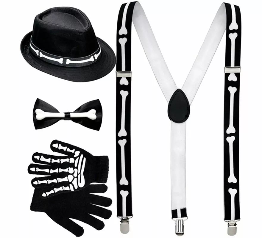 Translation missing: pt-PT.Kit o Disfraz de Esqueleto Elegante para hombre: Tirantes, Pajarita, Guantes y Gorro Huesos