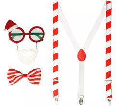Kit Papai Noel: Óculos com Barba e Chapéu, Suspensórios e Laço