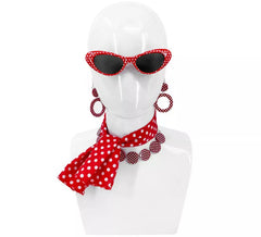 Kit Pin Up vermelho anos 50: óculos, brincos e cachecol