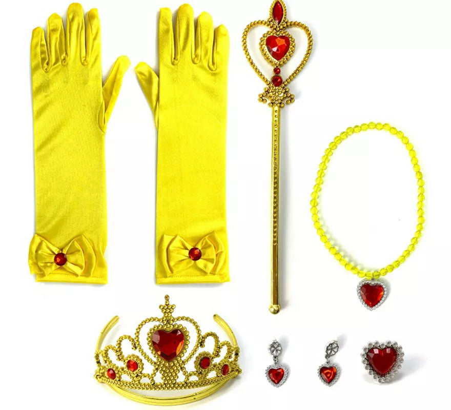 Kit Princesa Infantil Oro: Guantes, Cetro, Collar, Corona, Pendientes y Anillo