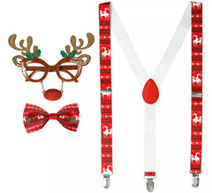 Kit Renas de Natal: Óculos com Nariz e Chifres, Suspensórios e Laço