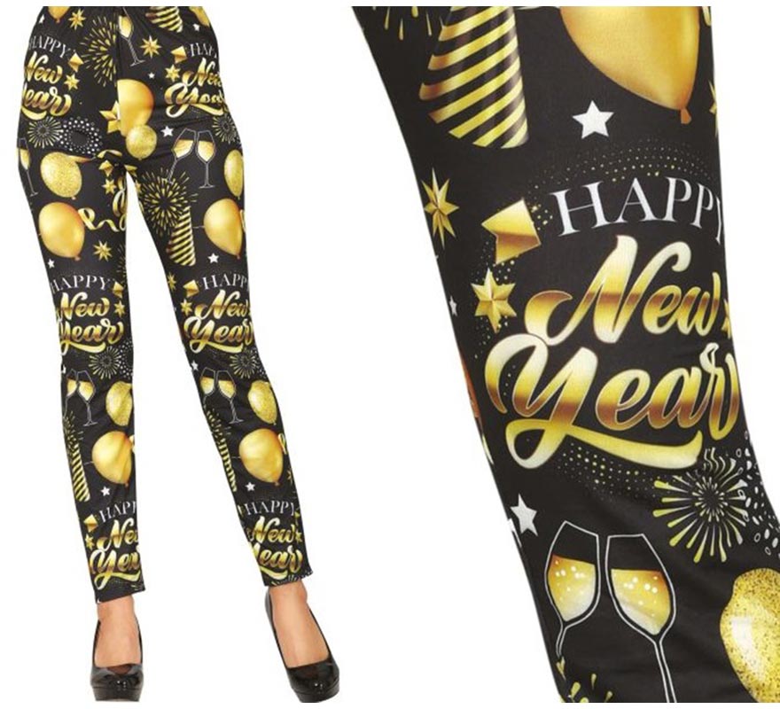 Translation missing: pt-PT.Leggings Happy New Year negro y dorado para mujer
