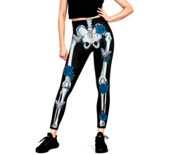 Leggings de esqueleto floral azul para mulheres