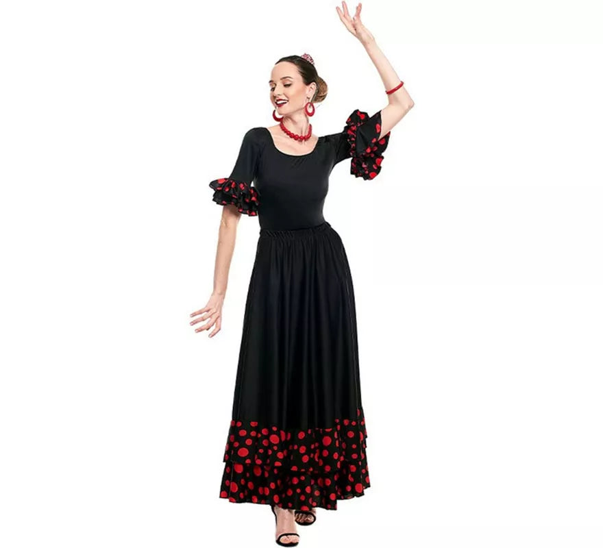 Translation missing: pt-PT.Maillot Sevillana con Volante Lunar negro y rojo para mujer