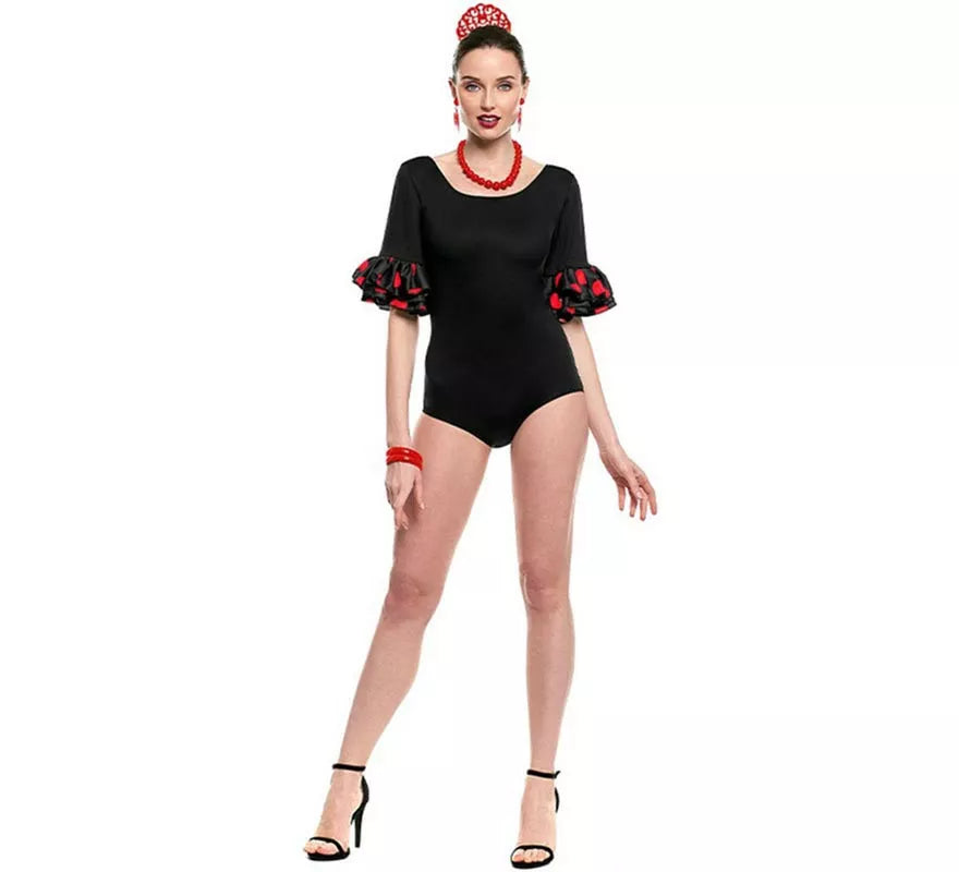 Translation missing: pt-PT.Maillot Sevillana con Volante Lunar negro y rojo para mujer