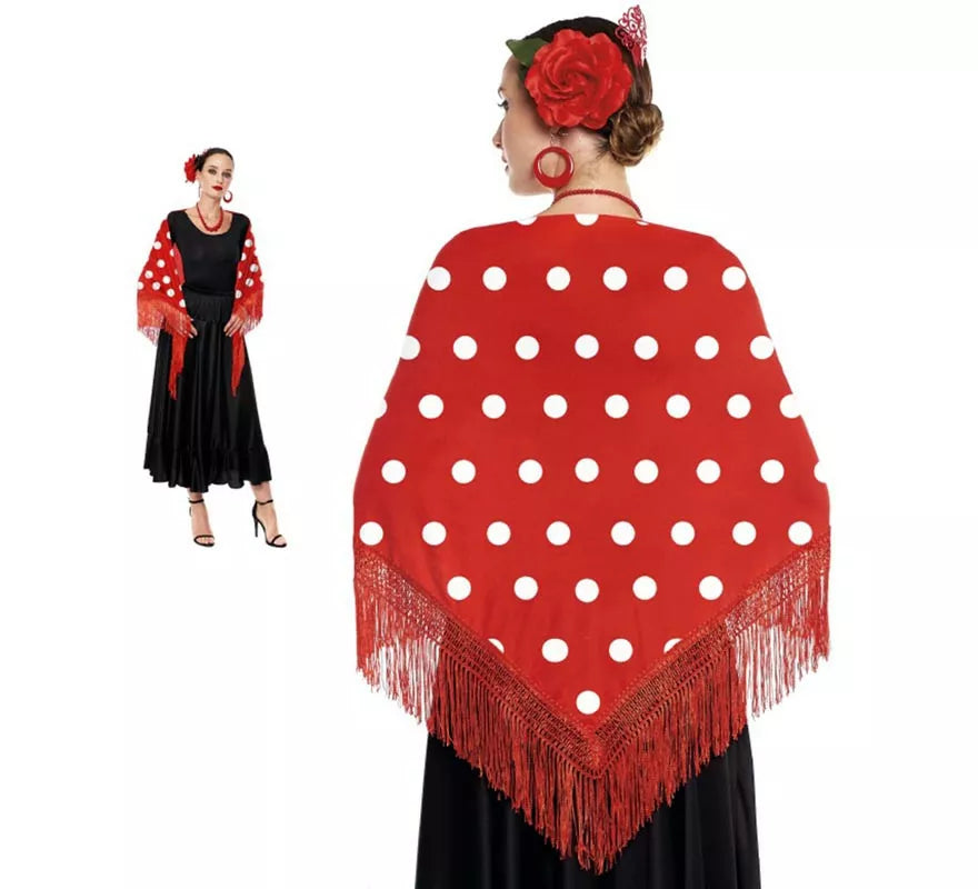 Translation missing: pt-PT.Mantón de Sevillana o Chulapa Rojo con Lunares blancos de 150x60 cm