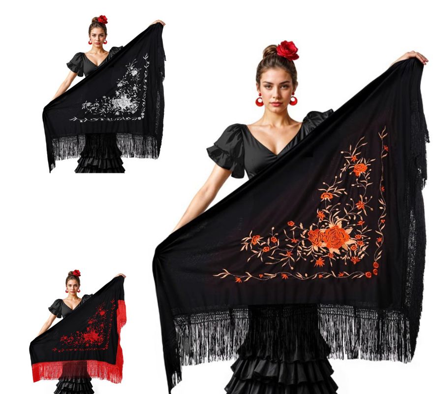 Translation missing: pt-PT.Mantón negro bordado de 200x95 cm en varios colores
