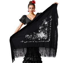 Xale preto bordado de 200x95 cm em várias cores
