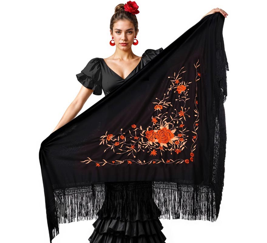 Translation missing: pt-PT.Mantón negro bordado de 200x95 cm en varios colores