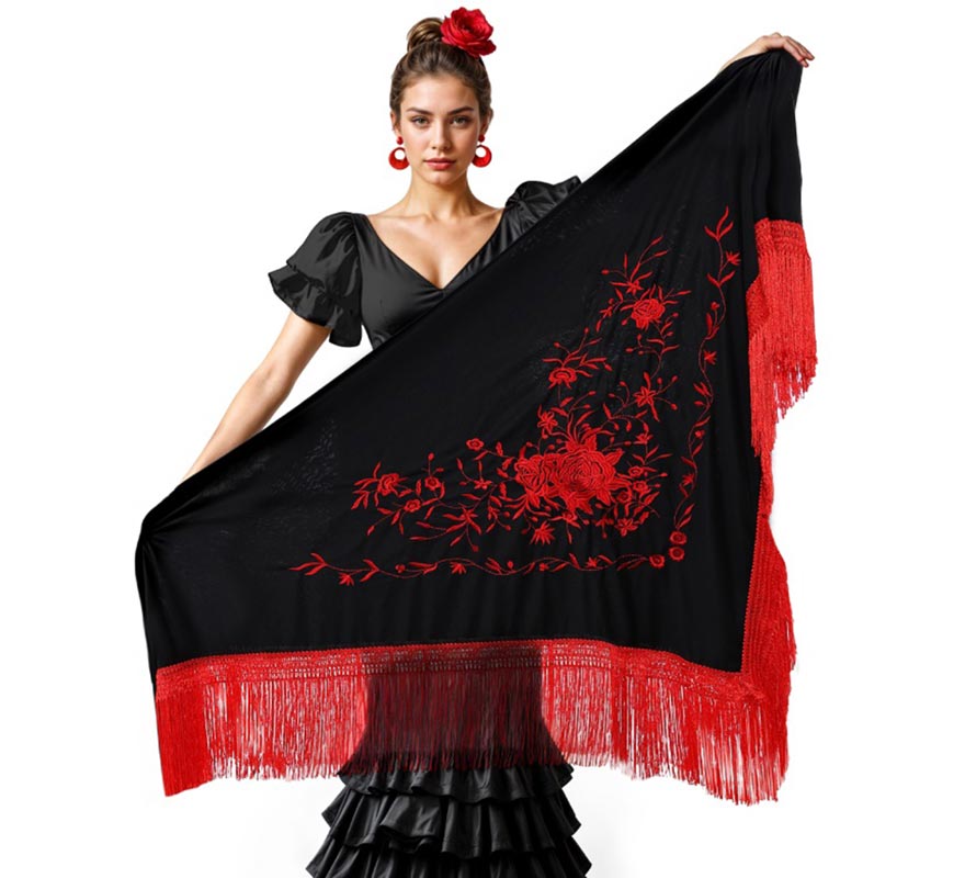 Translation missing: pt-PT.Mantón negro bordado de 200x95 cm en varios colores