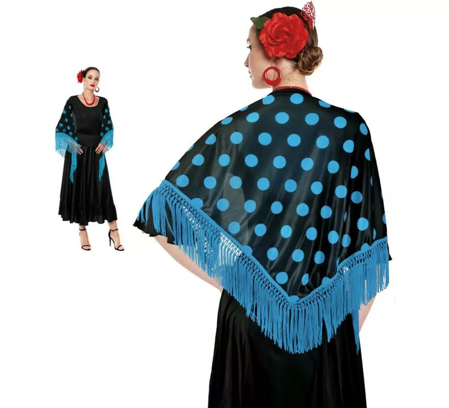 Translation missing: pt-PT.Mantón Sevillana o Chulapa de 150x60 cm negro y lunares en varios colores