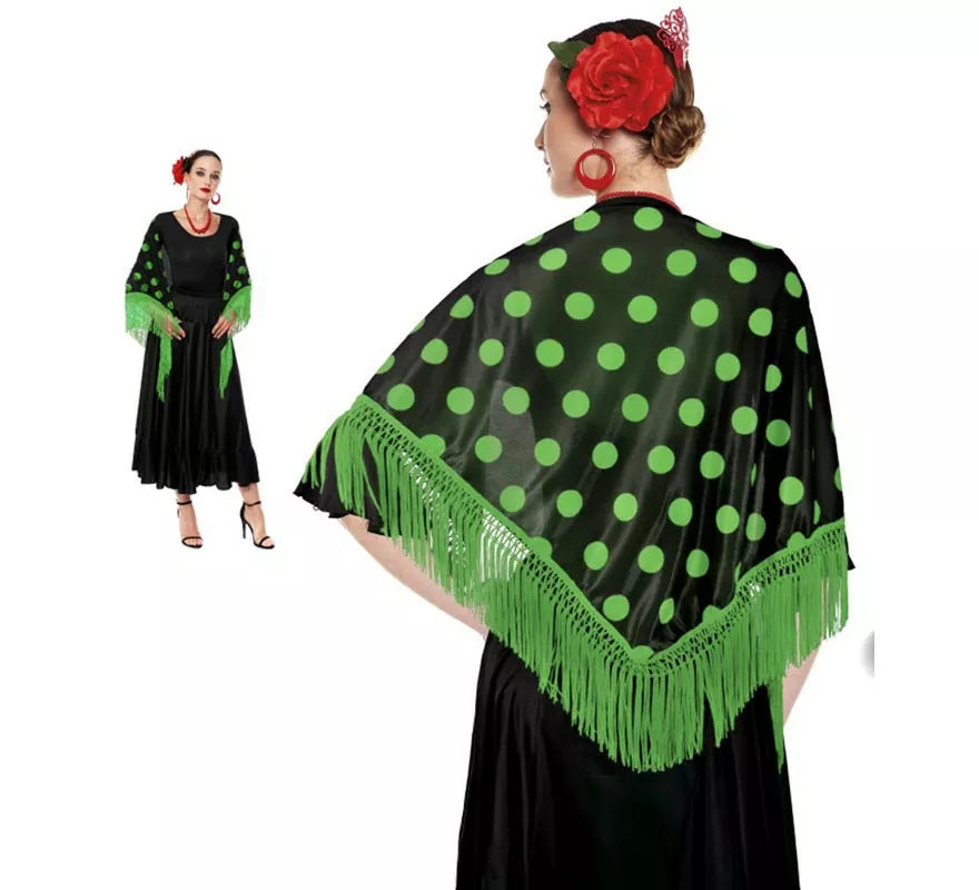 Translation missing: pt-PT.Mantón Sevillana o Chulapa de 150x60 cm negro y lunares en varios colores