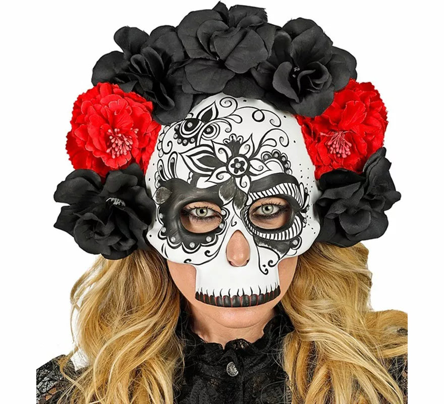Translation missing: pt-PT.Máscara Calavera Día de Los Muertos con Rosas negras y rojas