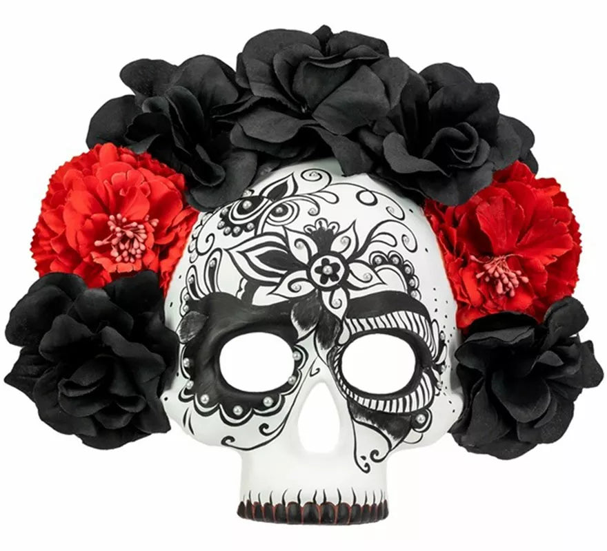 Translation missing: pt-PT.Máscara Calavera Día de Los Muertos con Rosas negras y rojas