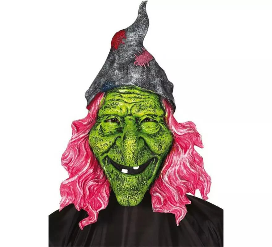 Máscara de Bruja Verde con pelo rosa