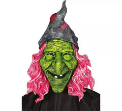 Máscara de bruxa verde com cabelo rosa