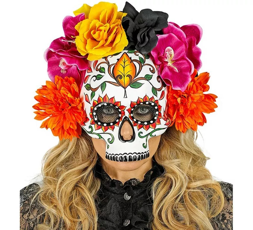 Máscara de Calavera Día de Los Muertos con Flores de Colores