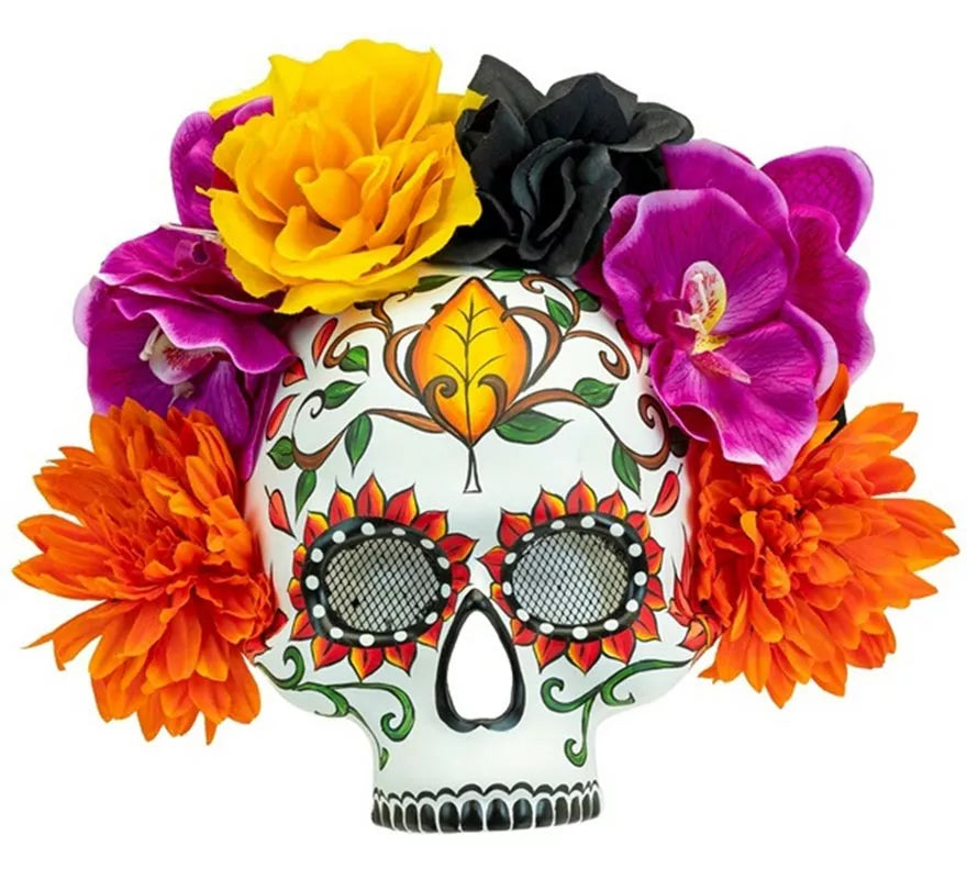 Máscara de Calavera Día de Los Muertos con Flores de Colores
