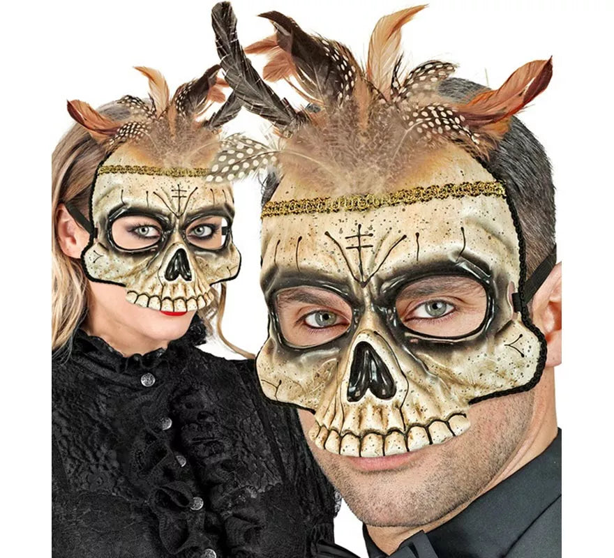 Máscara de Calavera Vudú con Plumas sin Barbilla
