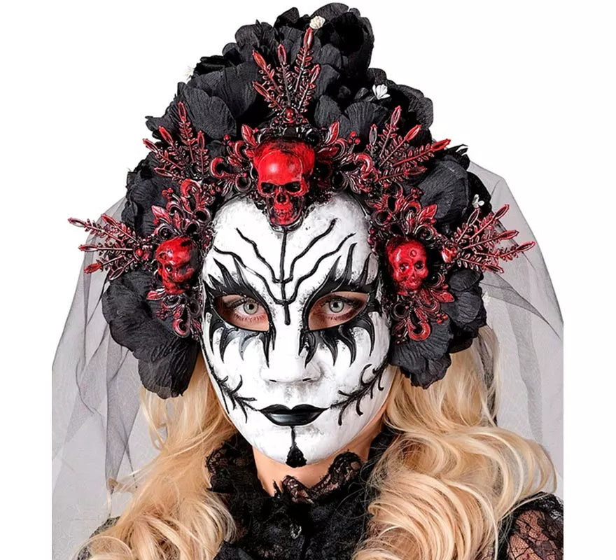 Translation missing: pt-PT.Máscara de Reina de La Muerte con Rosas negras y Velo